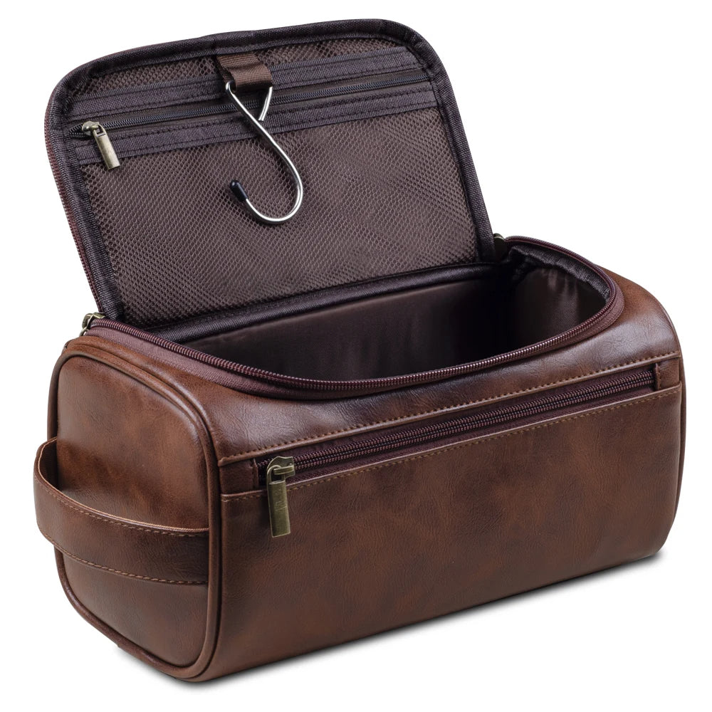 Full-Grain Leather Toiletry Bag, 25 x 13 x 13 cm, Waterproof Lining