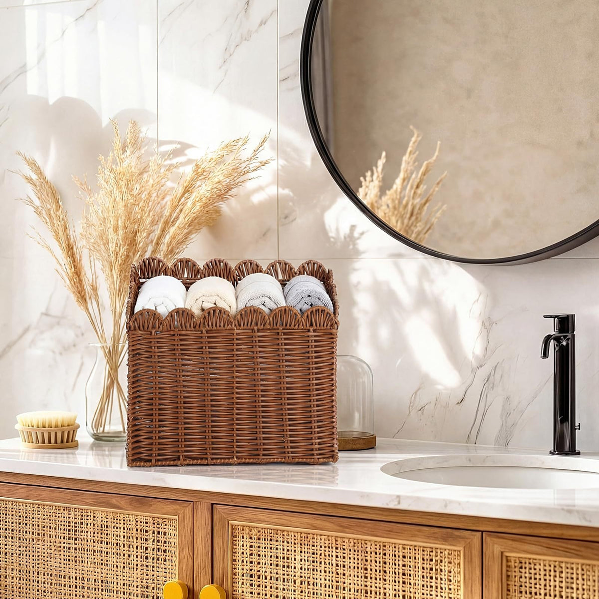 Handcrafted Storage Basket with Curved Edge Woven Natural Fiber Soft Textile | High & Bury