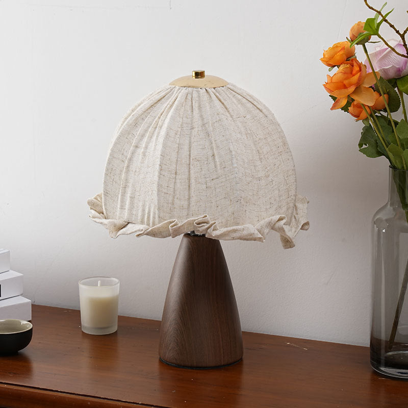 Handmade Linen Ruffle Table Lamp with Walnut Pyramid Base | High & Bury