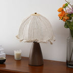 Handmade Linen Ruffle Table Lamp with Walnut Pyramid Base | High & Bury