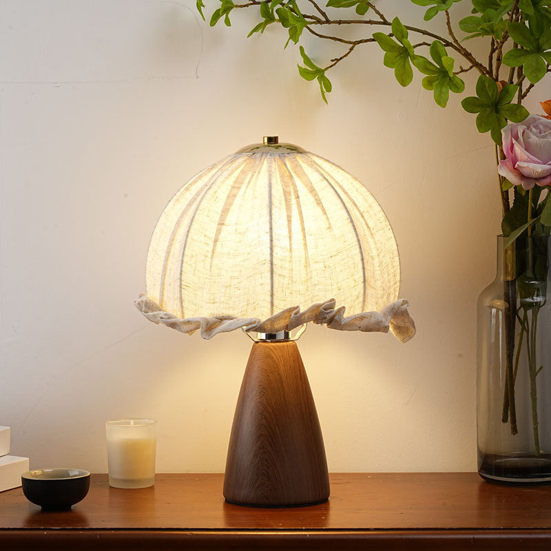 Handmade Linen Ruffle Table Lamp with Walnut Pyramid Base | High & Bury