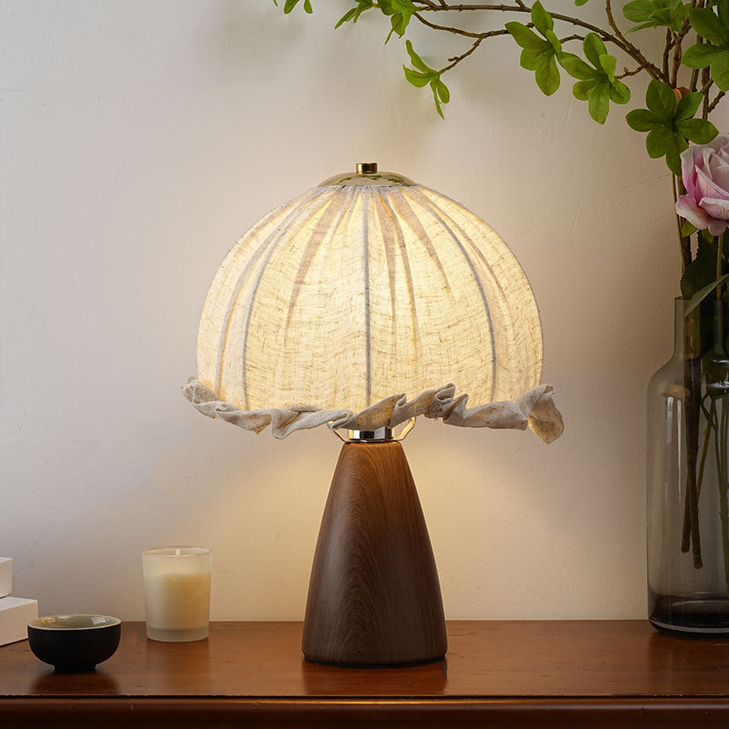 Handmade Linen Ruffle Table Lamp with Walnut Pyramid Base | High & Bury