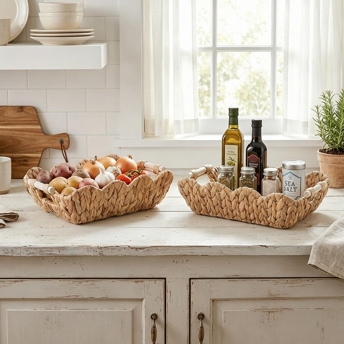 Handwoven Storage Basket with Wave Edge Wood Handle Small | High & Bury