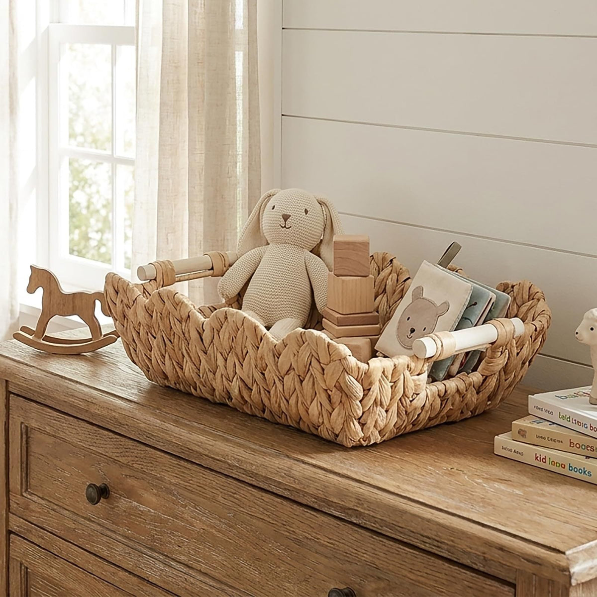 Handwoven Storage Basket with Wave Edge Wood Handle Small | High & Bury