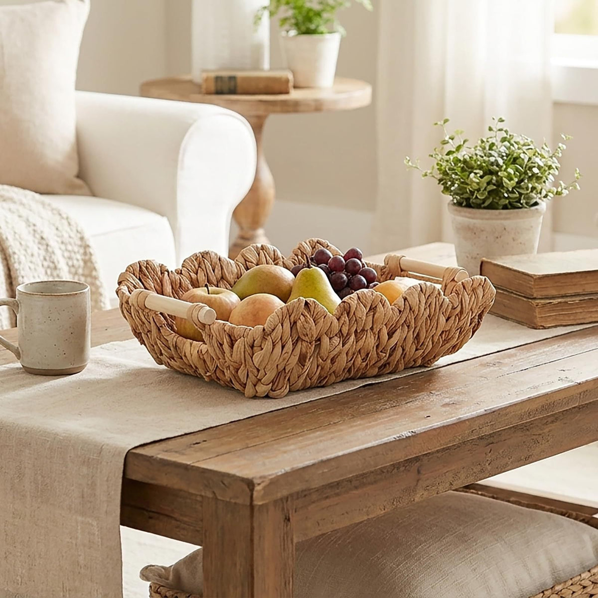 Handwoven Storage Basket with Wave Edge Wood Handle Small | High & Bury