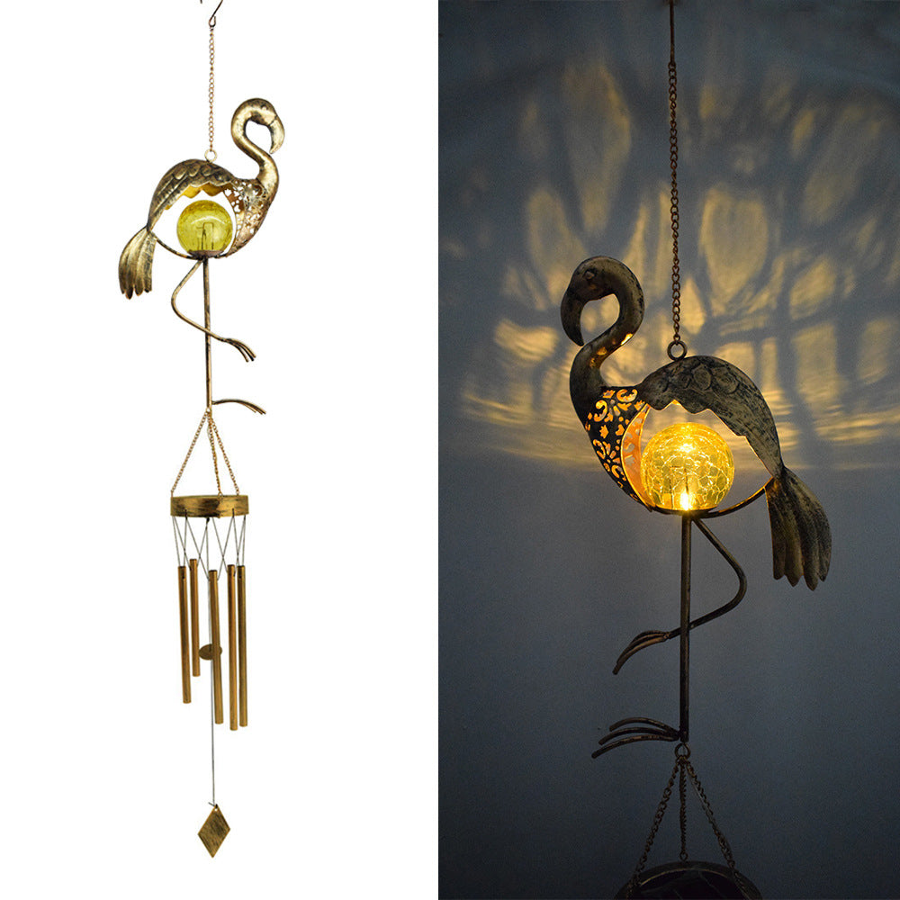 Hanging Flamingo Solar LED Wind Chime with Crackle Glass Globe | High & Bury