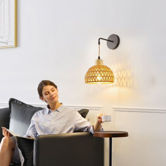 Hanging Light Woven Natural Fiber Wood | High & Bury