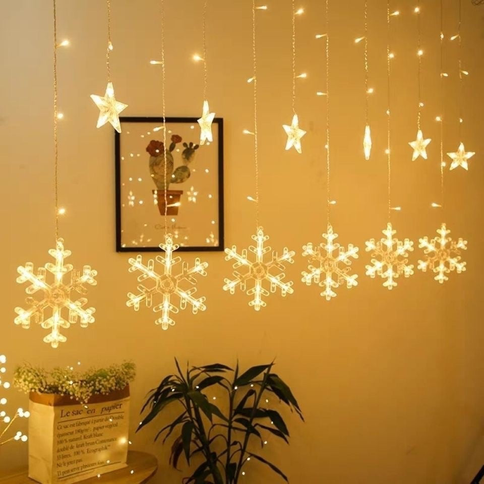 Hanging Star and Crescent Moon LED Curtain String Lights for Bedroom Ambiance | High & Bury