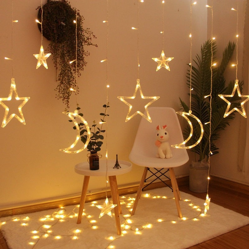Hanging Star and Crescent Moon LED Curtain String Lights for Bedroom Ambiance | High & Bury