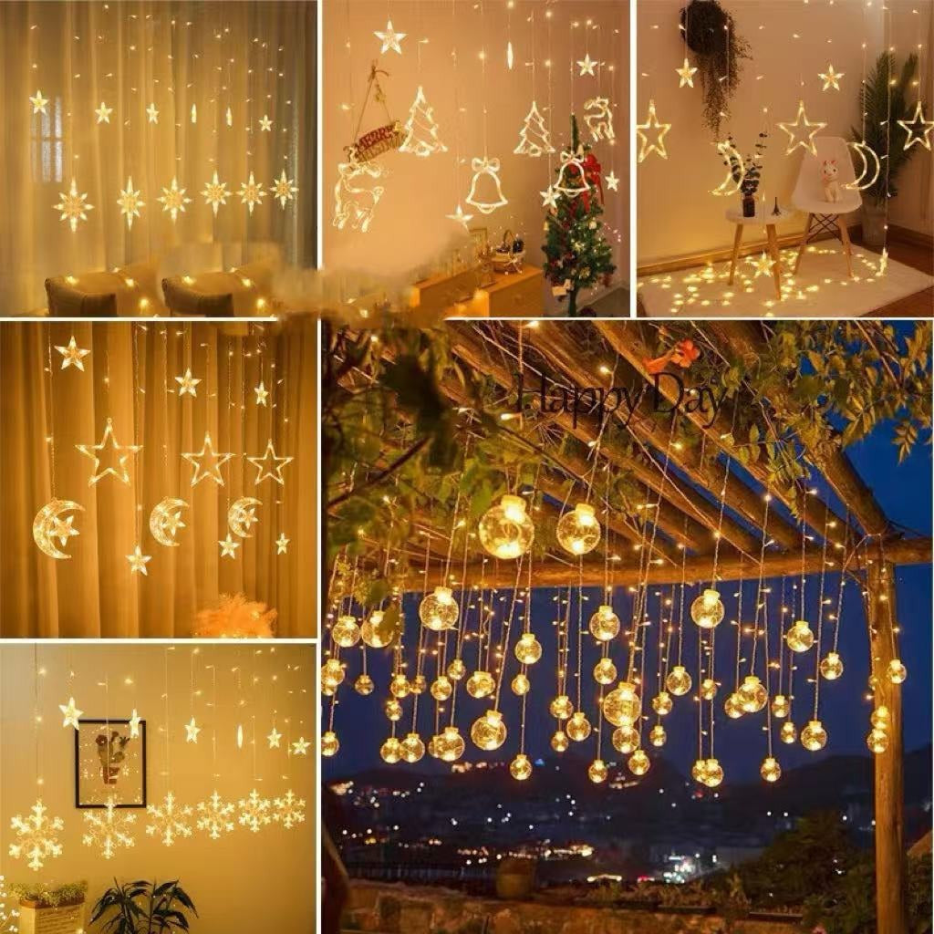Hanging Star and Crescent Moon LED Curtain String Lights for Bedroom Ambiance | High & Bury