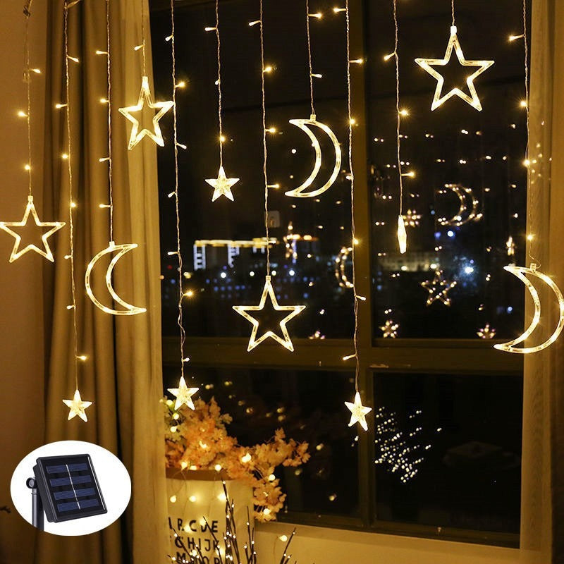 Hanging Star and Crescent Moon LED Curtain String Lights for Bedroom Ambiance | High & Bury