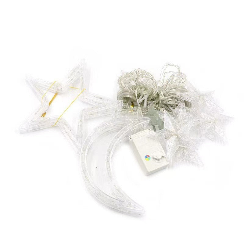 Hanging Star and Crescent Moon LED Curtain String Lights for Bedroom Ambiance | High & Bury