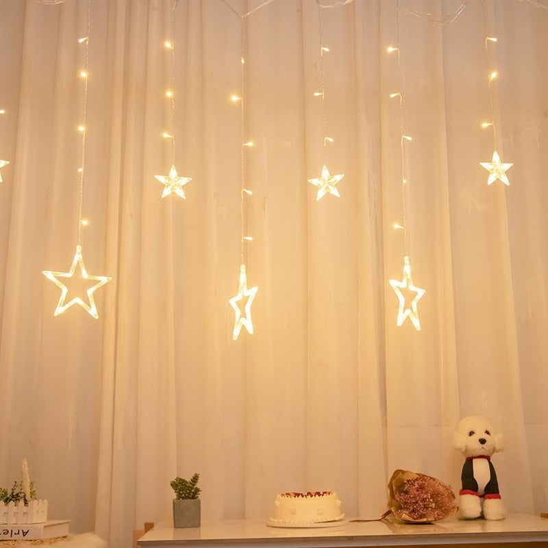 Hanging Star and Crescent Moon LED Curtain String Lights for Bedroom Ambiance | High & Bury