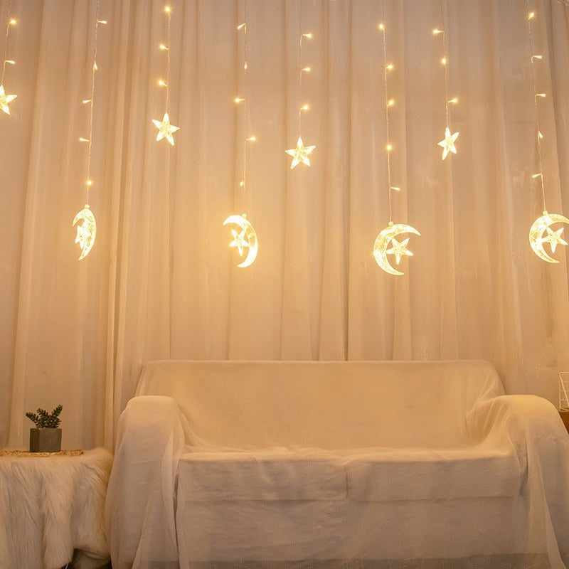 Hanging Star and Crescent Moon LED Curtain String Lights for Bedroom Ambiance | High & Bury