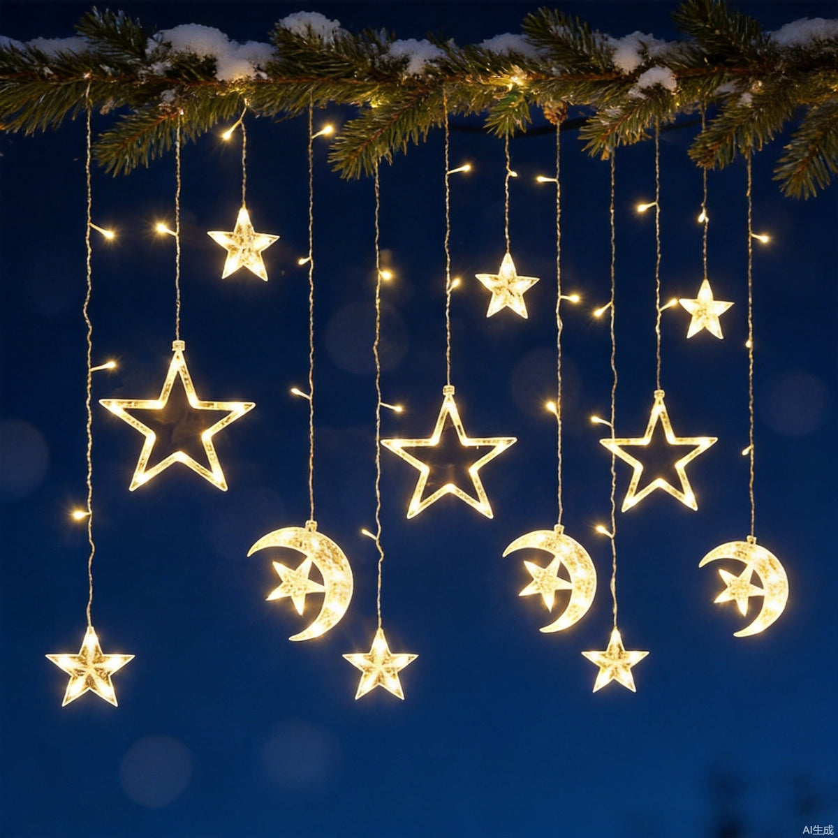 Hanging Star and Crescent Moon LED Curtain String Lights for Bedroom Ambiance | High & Bury
