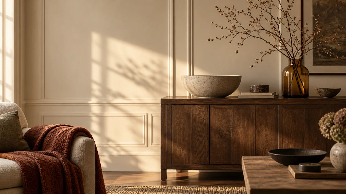 Warm panelled room with an oak sideboard, amber vase and rust-coloured throw