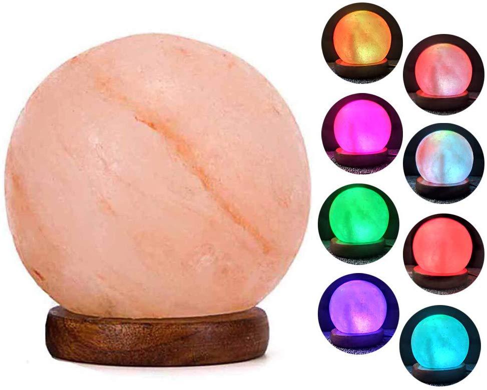 Himalayan Salt Crystal Sphere Lamp with Color Changing LED and Natural Wood Base | High & Bury