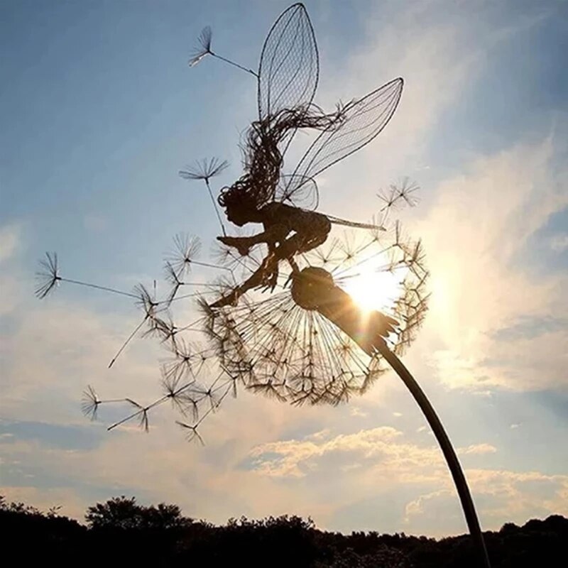 Iron Fairy with Dandelion Garden Sculpture, Modern Minimalist Design, 75 cm, view 3
