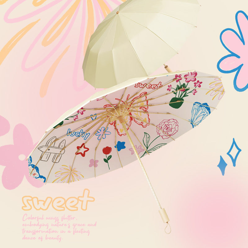 Ladies’ Folding Parasol with Floral Design and Carrying Case, view 9