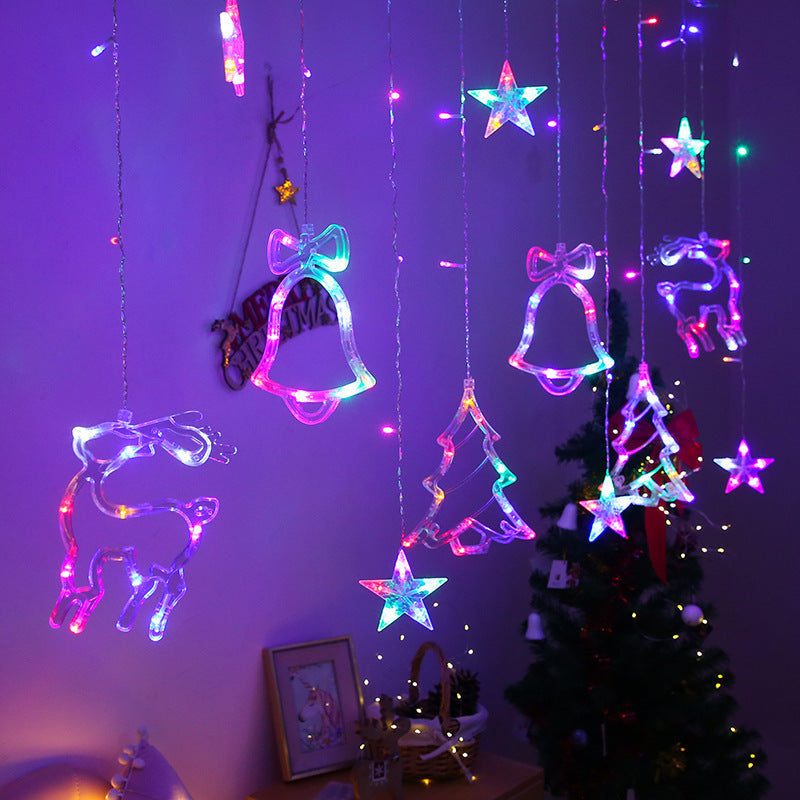 LED Acrylic Hanging Christmas Curtain Light Set with Reindeer Tree Bell and Star Ornaments | High & Bury
