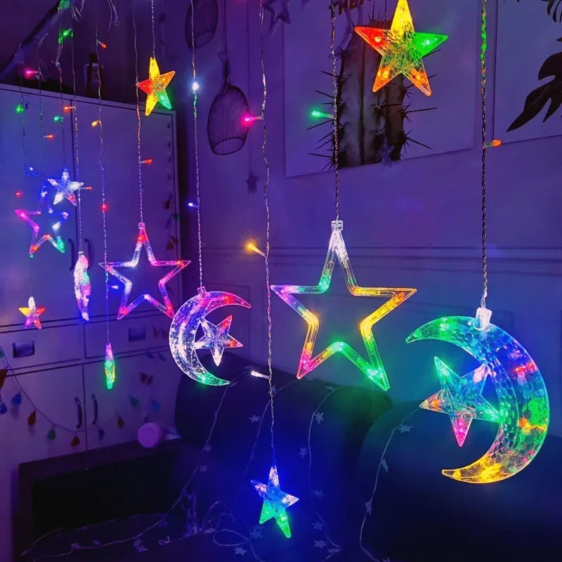 LED Acrylic Hanging Christmas Curtain Light Set with Reindeer Tree Bell and Star Ornaments | High & Bury