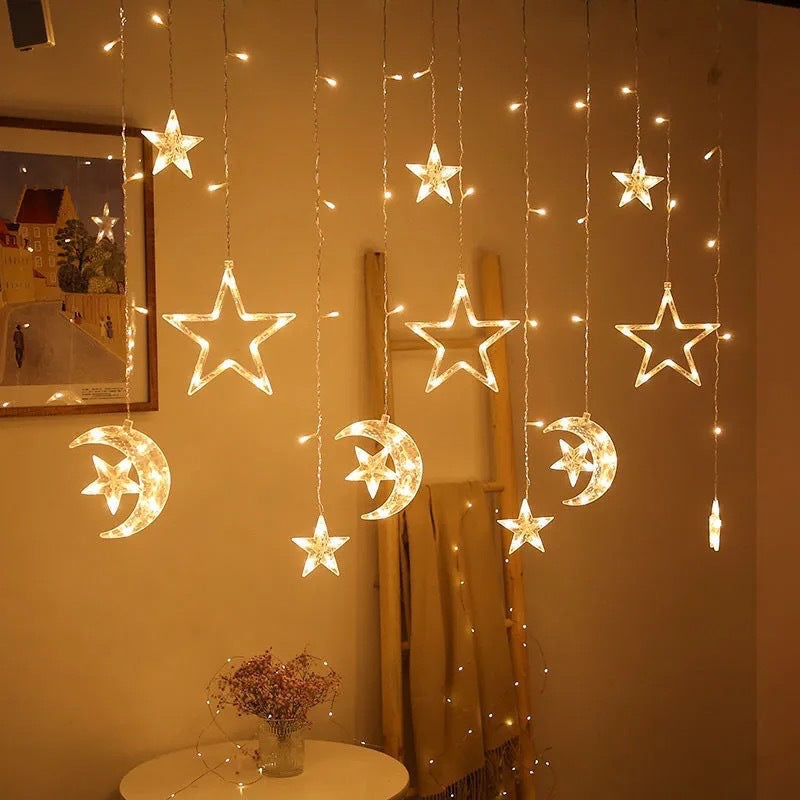 LED Acrylic Hanging Christmas Curtain Light Set with Reindeer Tree Bell and Star Ornaments | High & Bury