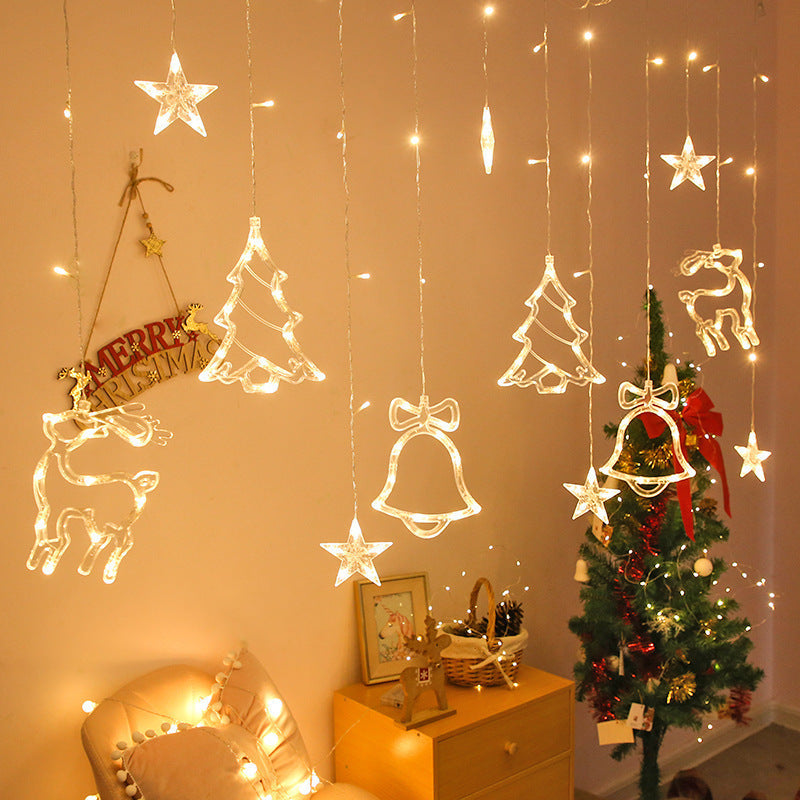 LED Acrylic Hanging Christmas Curtain Light Set with Reindeer Tree Bell and Star Ornaments | High & Bury