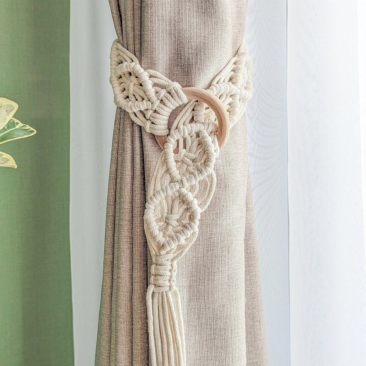 Macrame Curtain Tieback with Wooden Ring | High & Bury