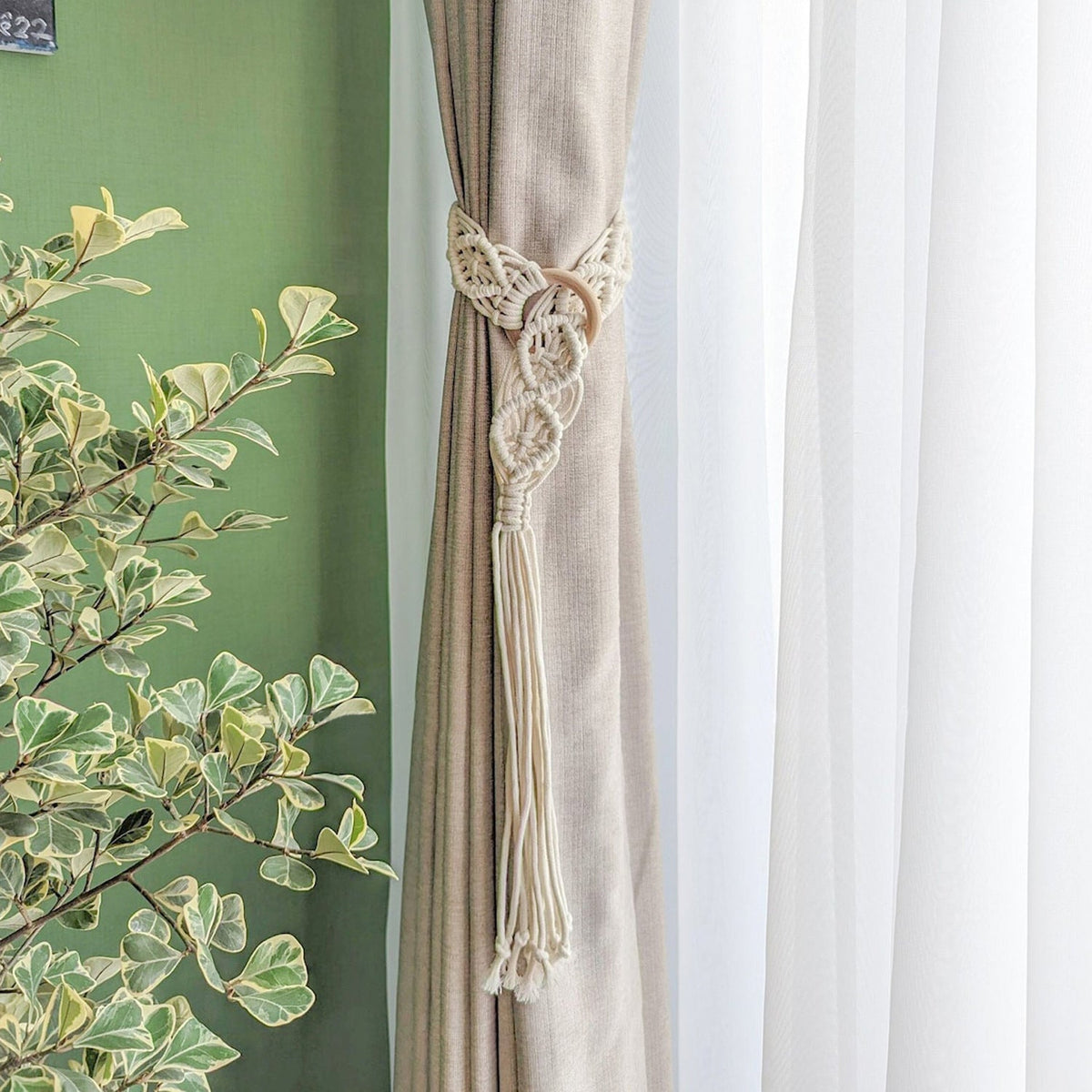 Macrame Curtain Tieback with Wooden Ring | High & Bury