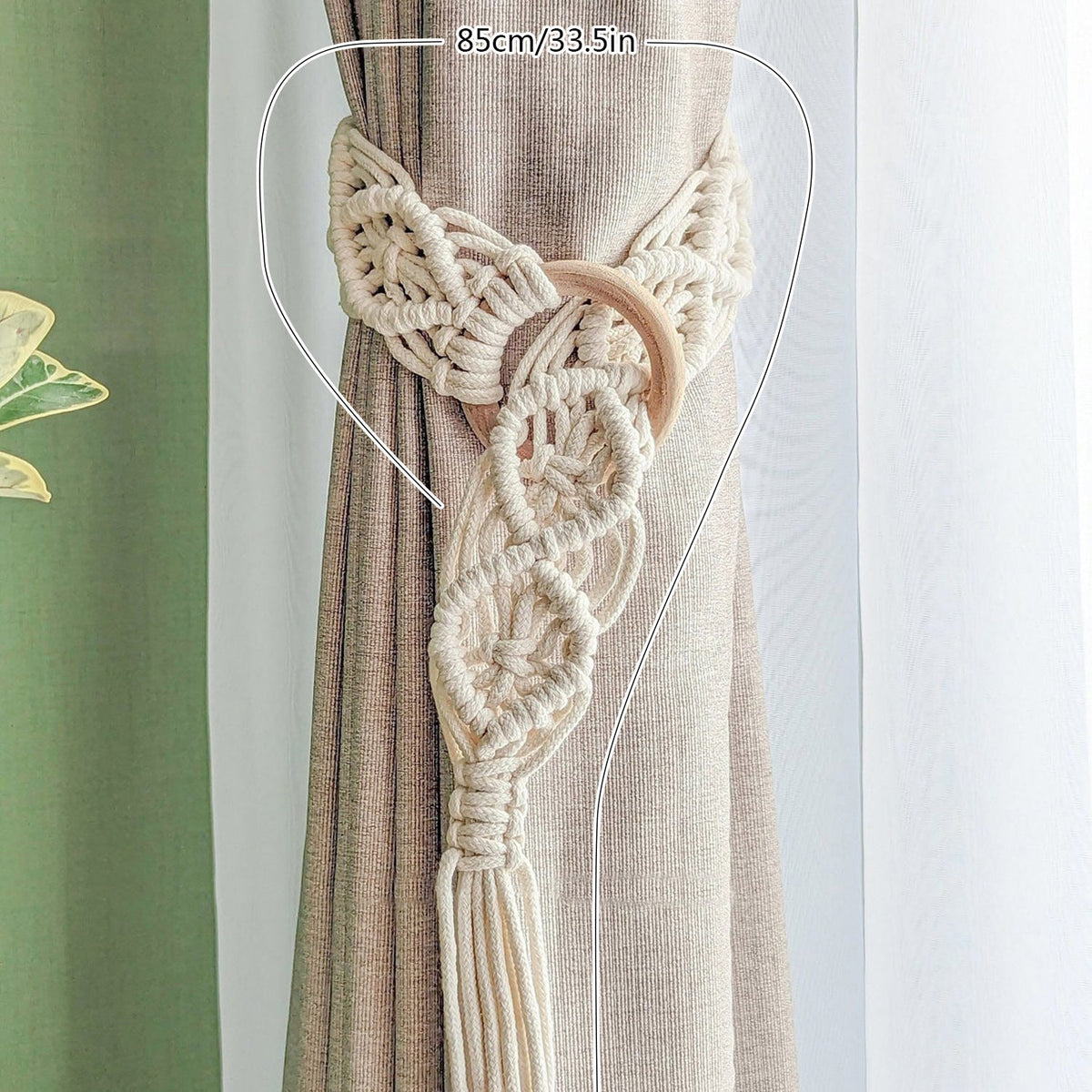 Macrame Curtain Tieback with Wooden Ring | High & Bury