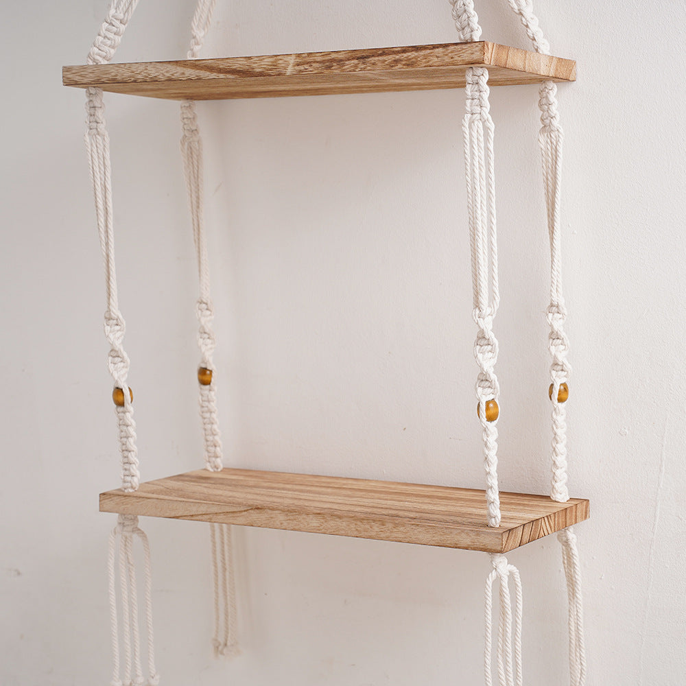 Macrame Floating Storage Shelf with Natural Wood Accents | High & Bury
