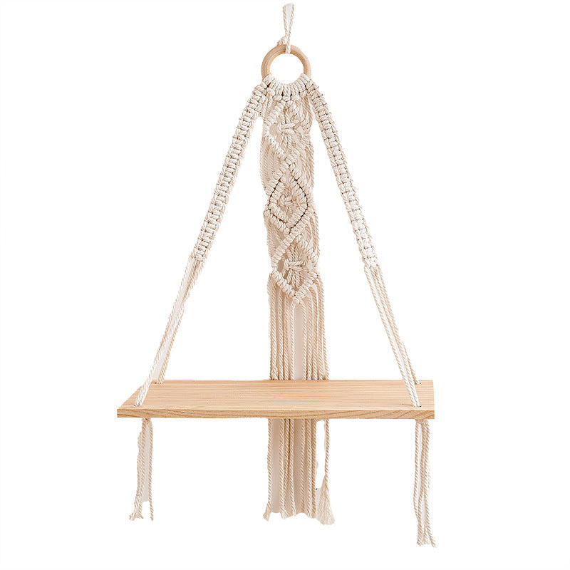 Macrame Hanging Shelf with Natural Wood Base | High & Bury