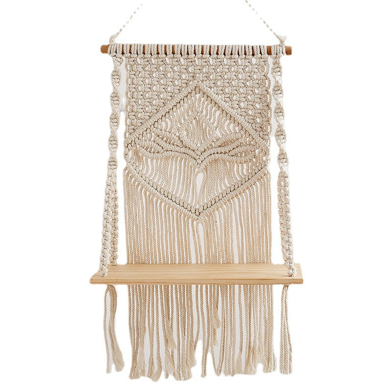 Macrame Hanging Shelf with Natural Wood Base | High & Bury