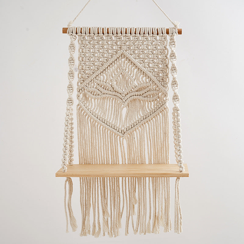 Macrame Hanging Shelf with Natural Wood Base | High & Bury