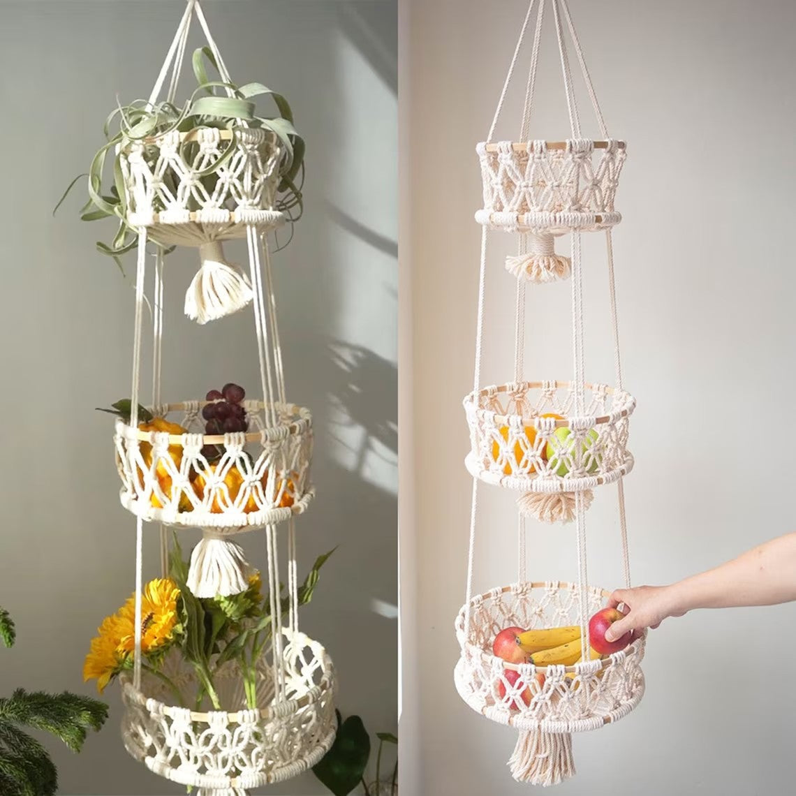 Macrame Plant Hanger Double-Layered Size Beige No Text Provided for Translation | High & Bury