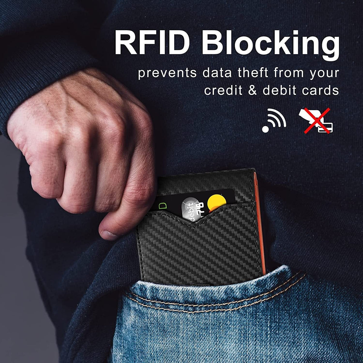 Men’s Slim RFID Wallet, Black PU Leather Card Holder, 4.3 × 3 × 0.5 Inches, view 2