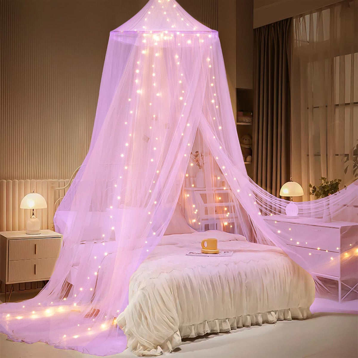 Mesh Bed Canopy Tent with LED Lights, 59.1 × 70.9 in or 70.9 × 78.7 in, view 3