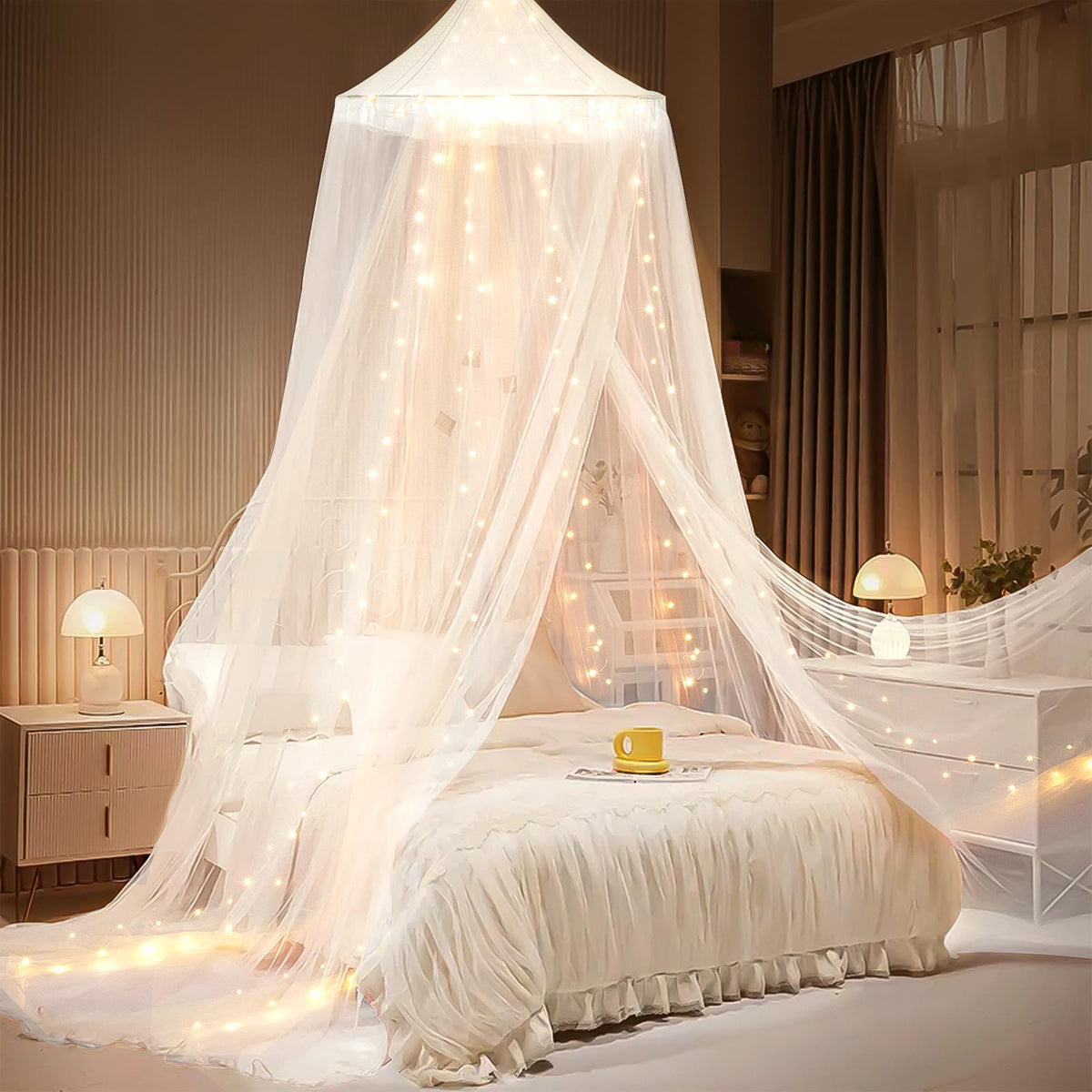 Mesh Bed Canopy Tent with LED Lights, 59.1 × 70.9 in or 70.9 × 78.7 in
