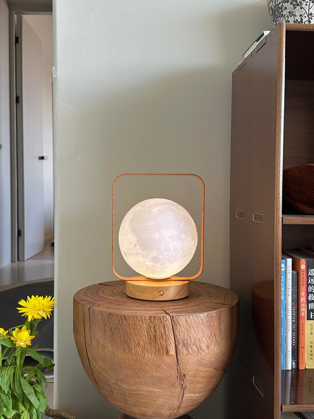 Moon Globe Ambient Table Lamp with Wooden Base and Copper Frame | High & Bury