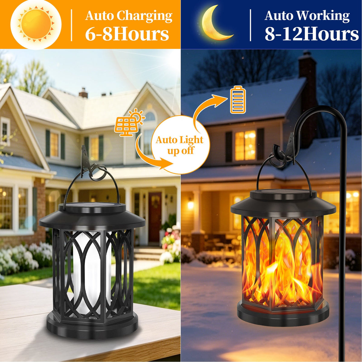 Outdoor Solar-Powered Metal Hanging Light with Decorative Grid and Flickering LED Candle | High & Bury