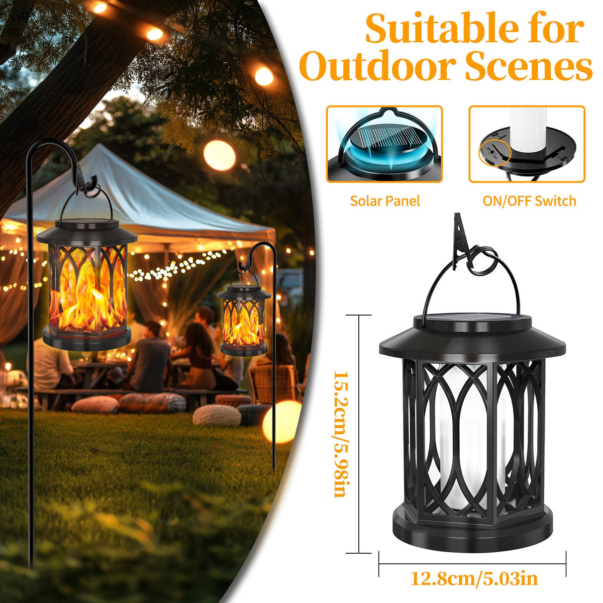 Outdoor Solar-Powered Metal Hanging Light with Decorative Grid and Flickering LED Candle | High & Bury