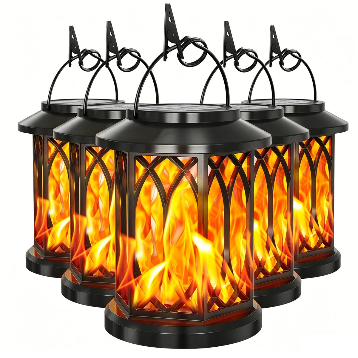 Outdoor Solar-Powered Metal Hanging Light with Decorative Grid and Flickering LED Candle | High & Bury