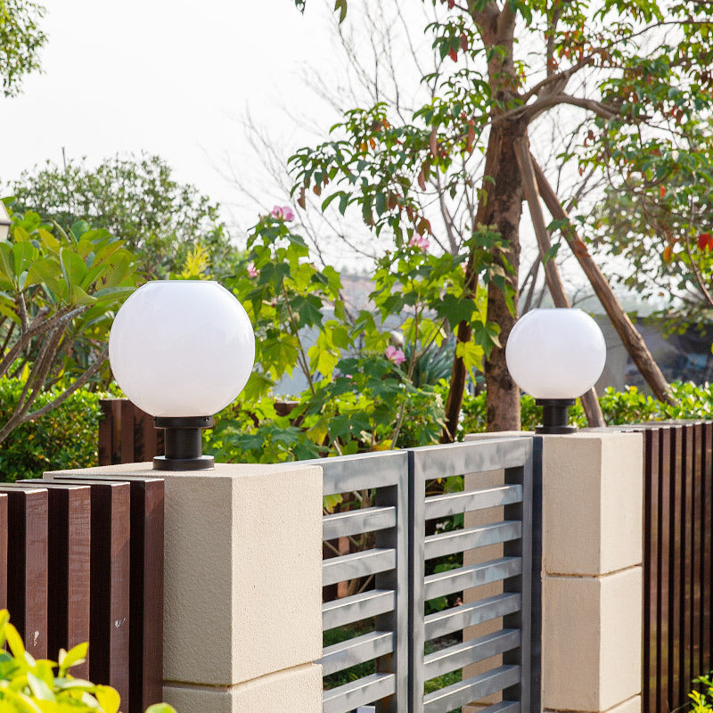 Outdoor Spherical Opal Glass Column Post Light with Brushed Stainless Steel Base | High & Bury