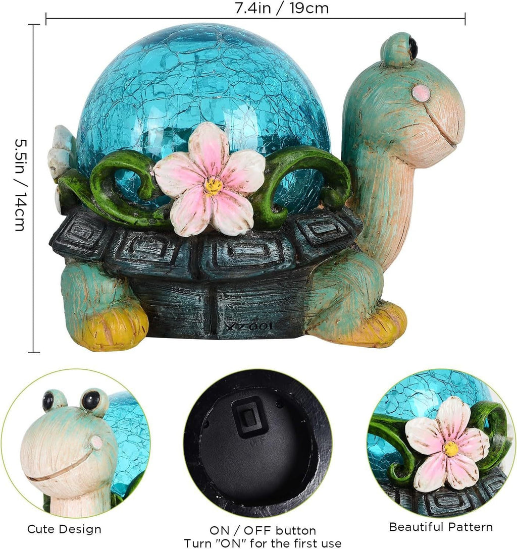 Playful Solar-Powered LED Garden Statue Frog on Turtle Resin Ornament | High & Bury