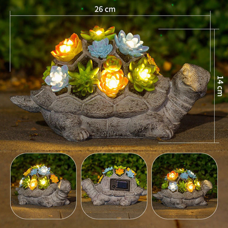 Playful Solar-Powered LED Garden Statue Frog on Turtle Resin Ornament | High & Bury