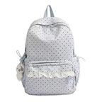 Polka Dot Ruffled Backpack with Front Pocket and Plush Charm, view 2