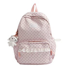 Polka Dot Ruffled Backpack with Front Pocket and Plush Charm, view 3
