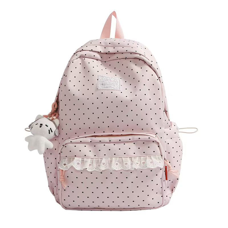 Polka Dot Ruffled Backpack with Front Pocket and Plush Charm, view 3