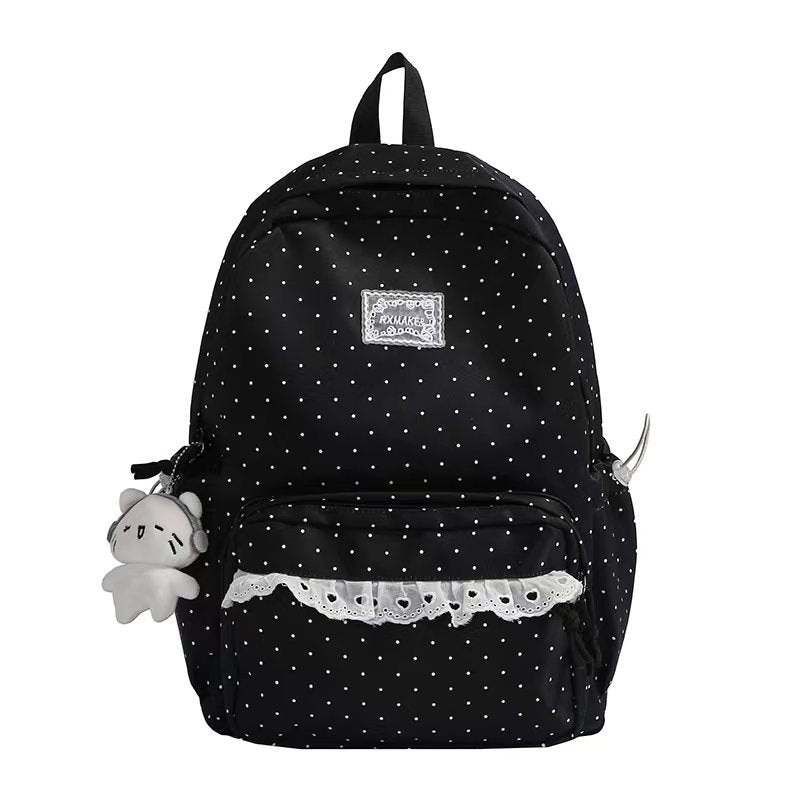 Polka Dot Ruffled Backpack with Front Pocket and Plush Charm, view 4