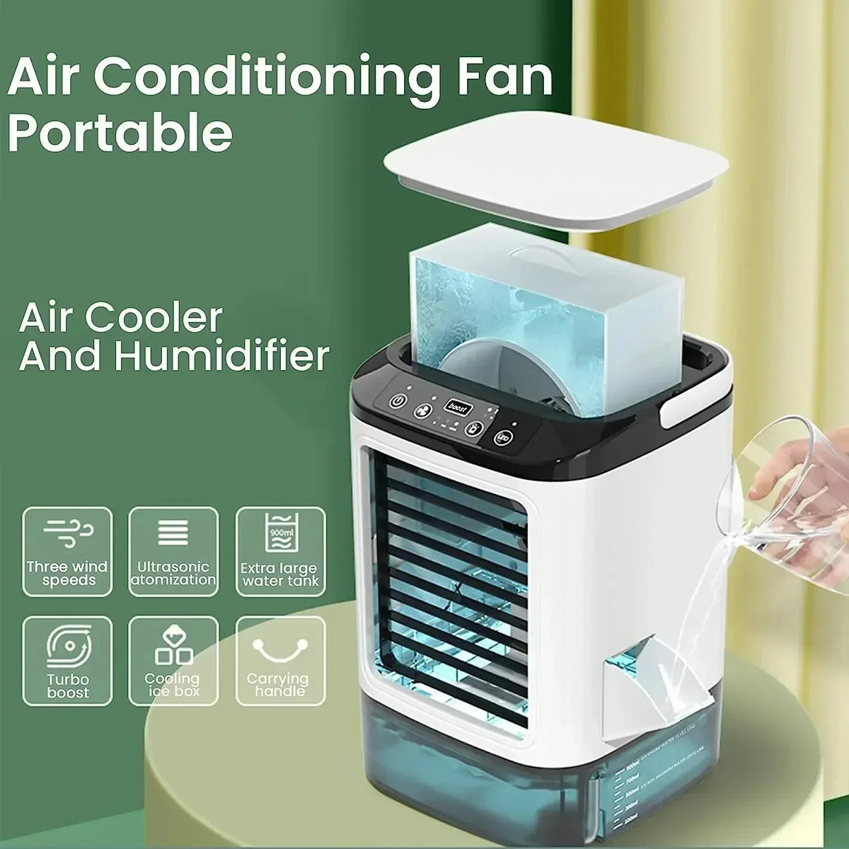 Portable Mini Air Conditioner Fan and Humidifier, 3-Speed, 900ML